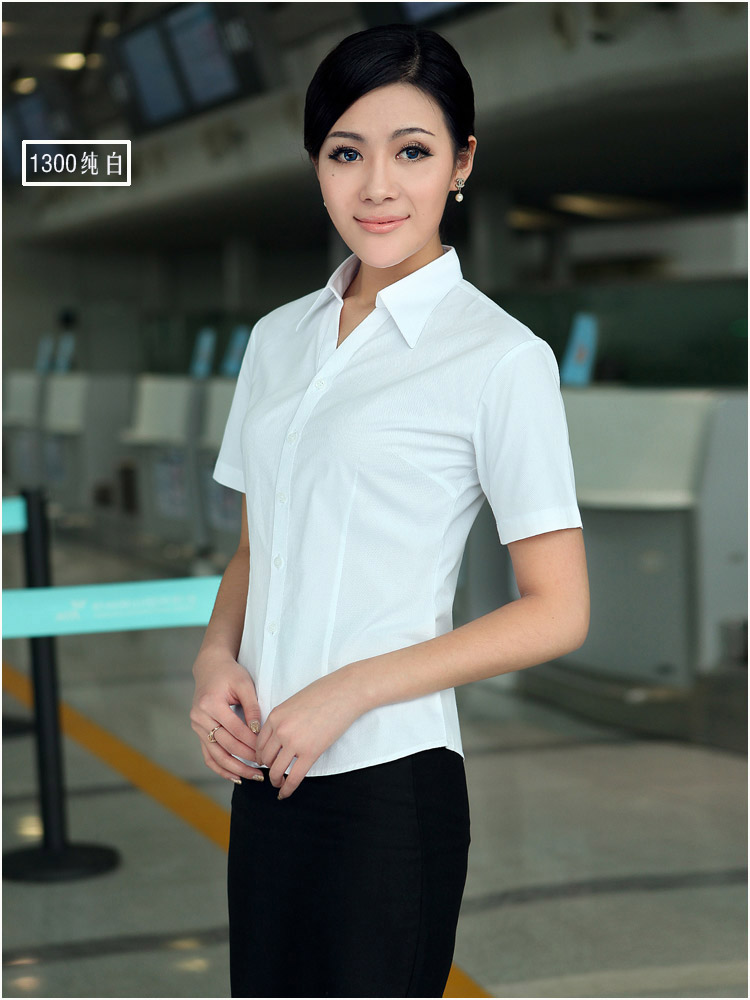 
                                        衫博【商务正装】女士衬衫白色短袖职业衬衣免烫修身OL女装衬衣夏装 1300纯白色 42                