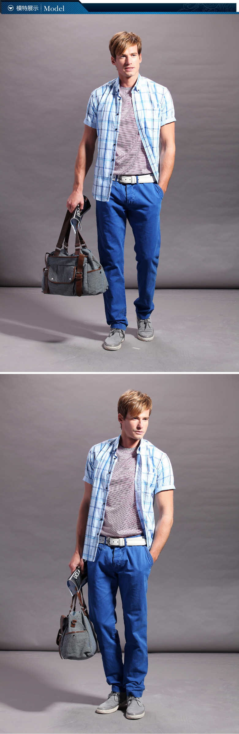 北京燕莎商城ucla 商务休闲男装 质优纯棉细格子短袖衬衫*ap4-lm7435