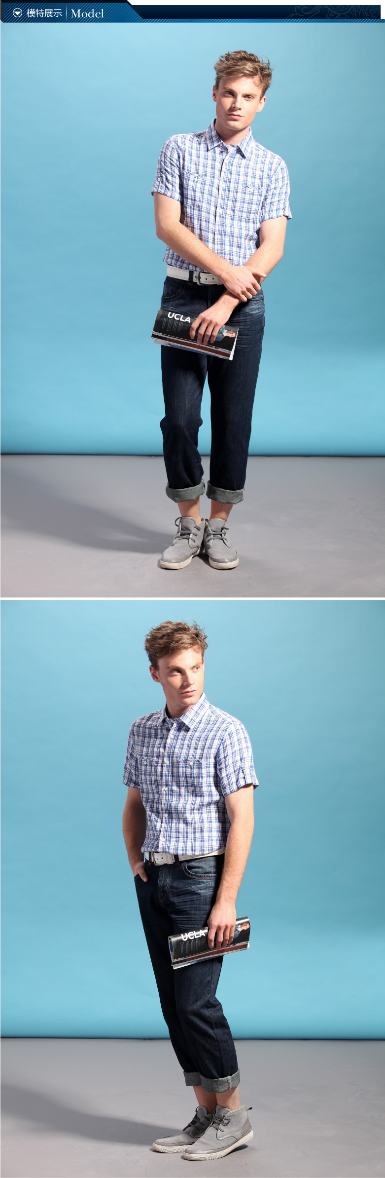 北京燕莎商城ucla 商务休闲男装蓝色细格仔短袖衬衫*ap4-lm74318b