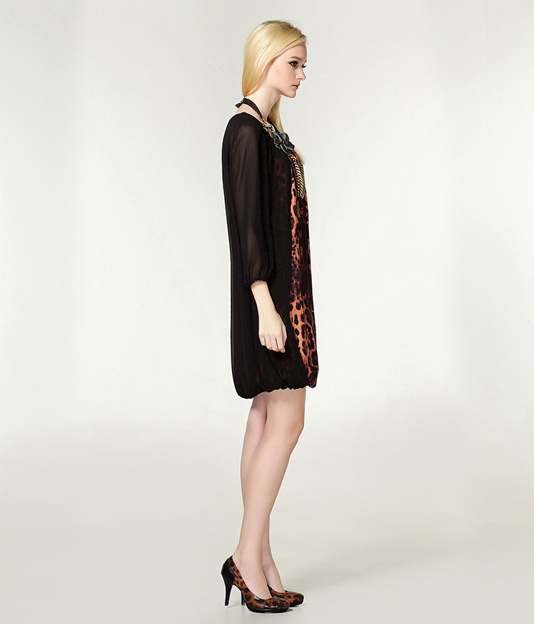 buoubuou邦宝女装正品时尚豹纹印花雪纺圆领假两件七分袖连衣裙q2257