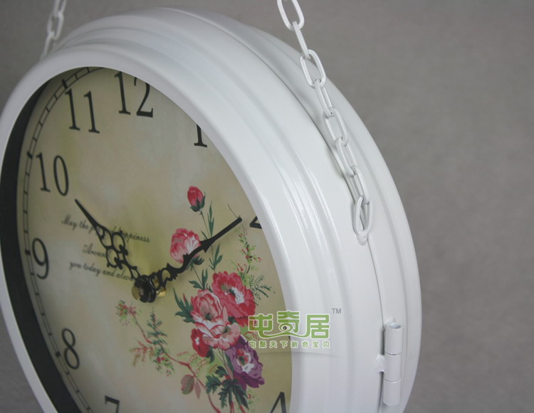TQJ/台湾太阳机芯/铁艺田园双面挂钟/玻璃钟面/2588 白色