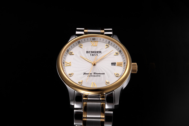 瑞士宾格binger全自动机械表土豪金幸运轮防水男士手表(双历皮带间金