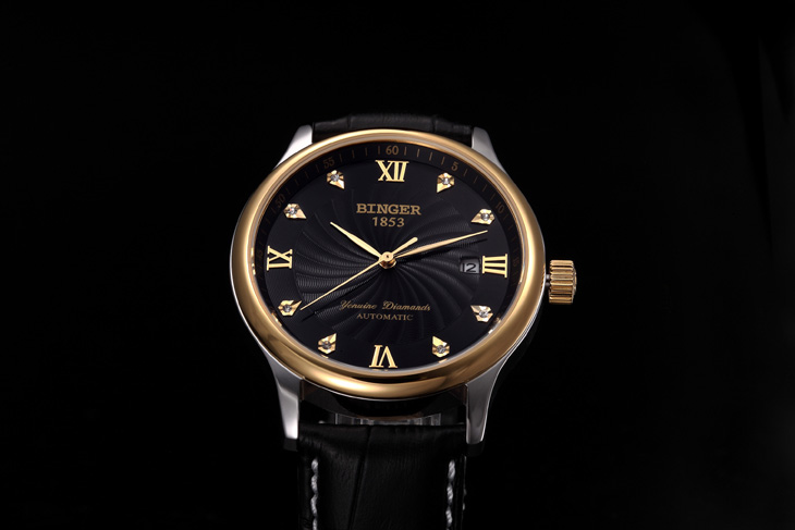 瑞士宾格binger全自动机械表土豪金幸运轮防水男士手表(双历皮带间金