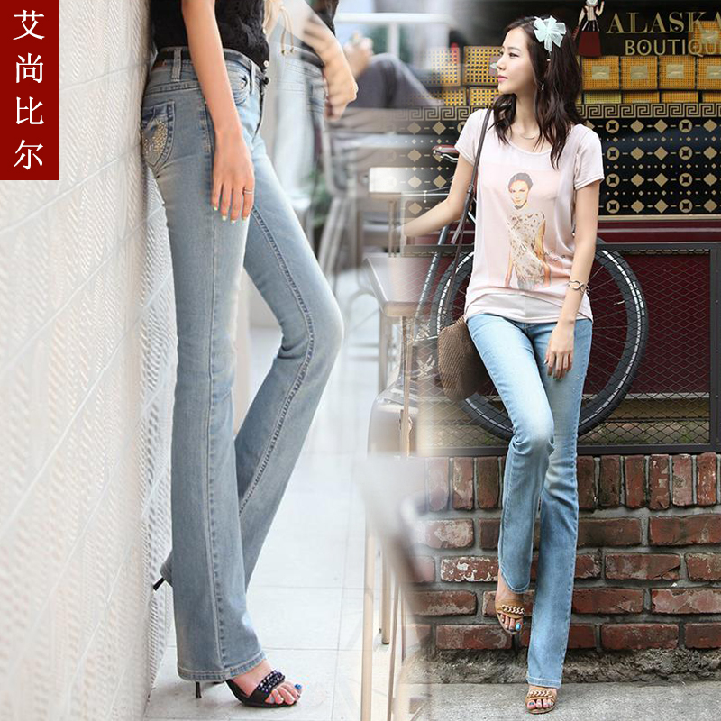 
                                        艾尚比尔 浅蓝色微喇叭牛仔长裤女装新款修身显瘦OL优雅深蓝色  YKK856 深蓝色 L/28(2尺1)                