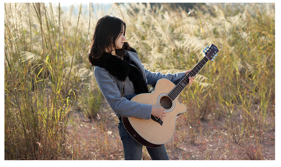 ellen正品吉他包邮 民谣木吉他40寸黑色 木色哑光初学缺角吉它乐器