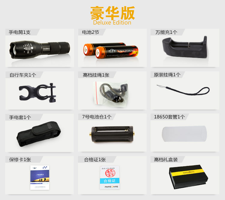 亚马逊应急灯照明LED强光手电筒充电远射防水家用消防手电A39 钛黑色 豪华版