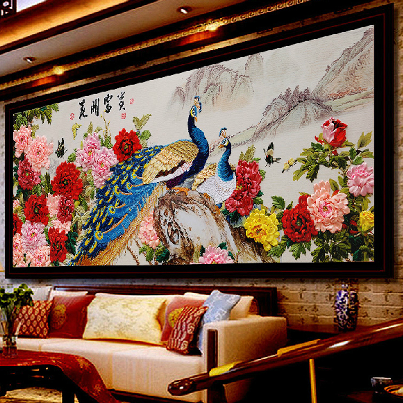 
                                                            悠趣 手工绣丝带绣套件 3D彩印大幅客厅挂画 花开富贵 孔雀牡丹图 大版200*90cm                