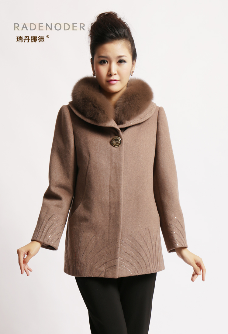 瑞丹挪德2013秋季 大码熟女气质狐狸大毛领羊毛呢外套大衣f13-71 深