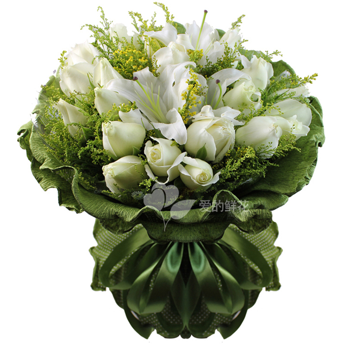 m款:19枝白玫瑰 2枝多头白色香水百合,黄莺点缀,绿色卷边纸圆形包装