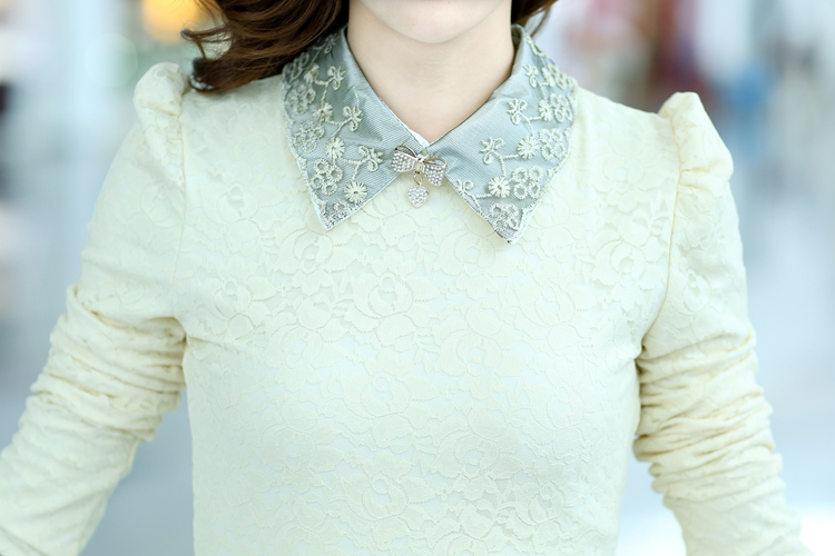 韩依小姐 2016秋装新品 女装 泡泡袖修身显瘦 纯色打底衫T恤蕾丝衫 加绒加厚 秋冬加绒版黑色 L