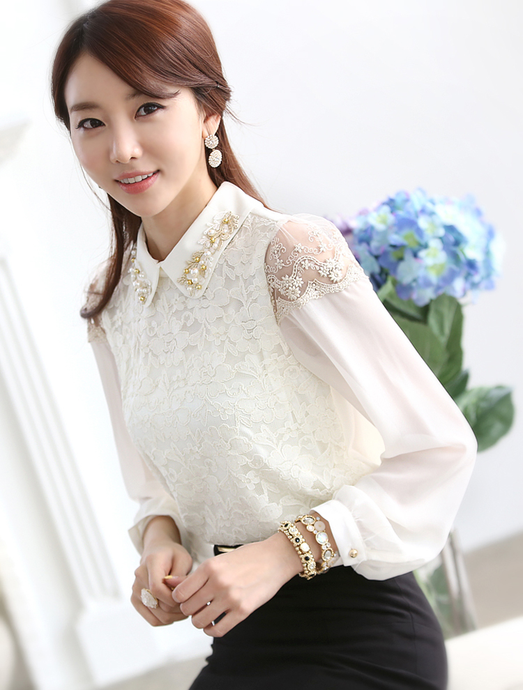 淑女阁 2013新款韩版翻领钉珠女长袖雪纺衫|sn13-2036 白色 l
