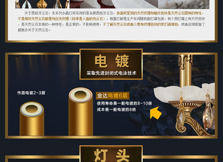 金达别墅客厅餐厅 西班牙云石铜灯客厅 欧式全铜吊灯复MD05017系列 8头
