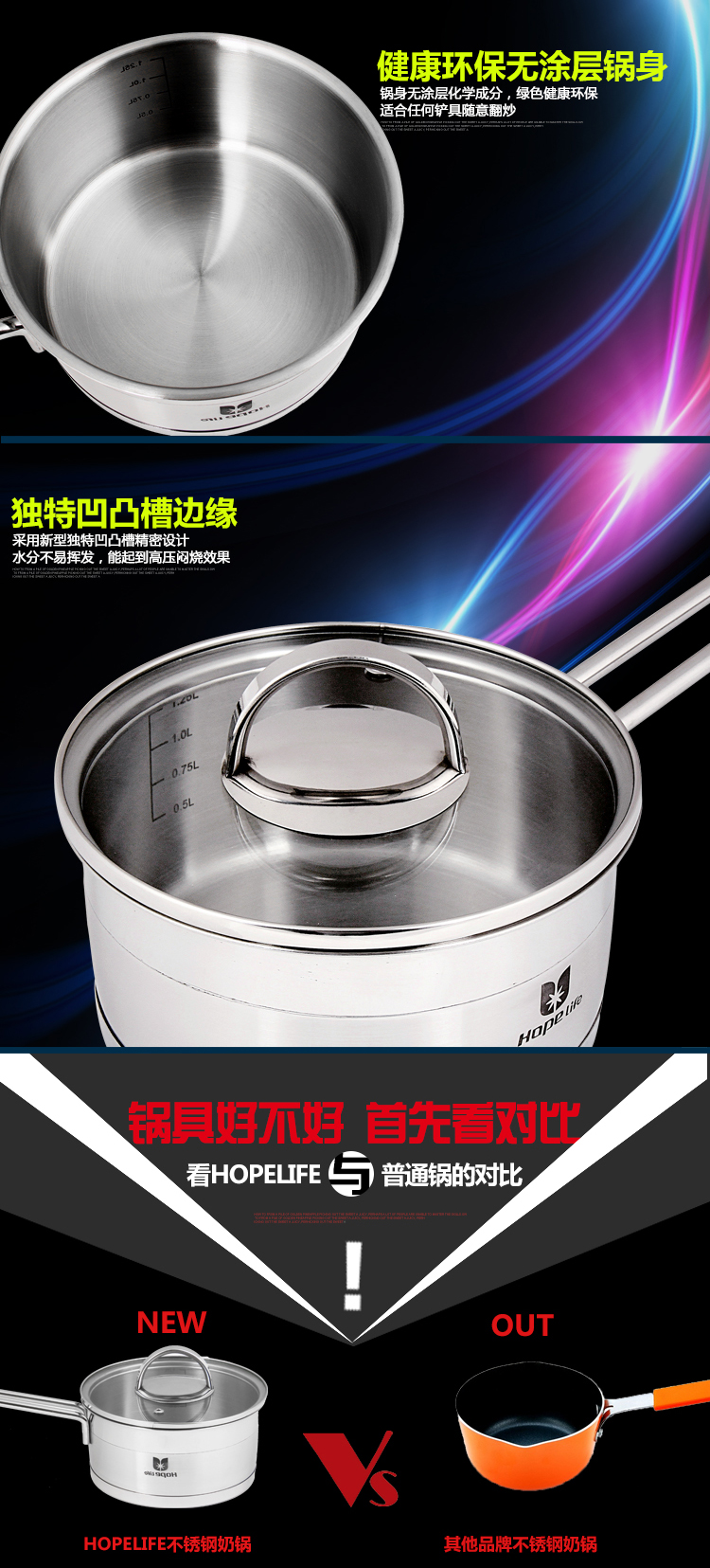 盈信Hopelife 德国工艺16CM不锈钢可立奶锅nw001 厂家直营
