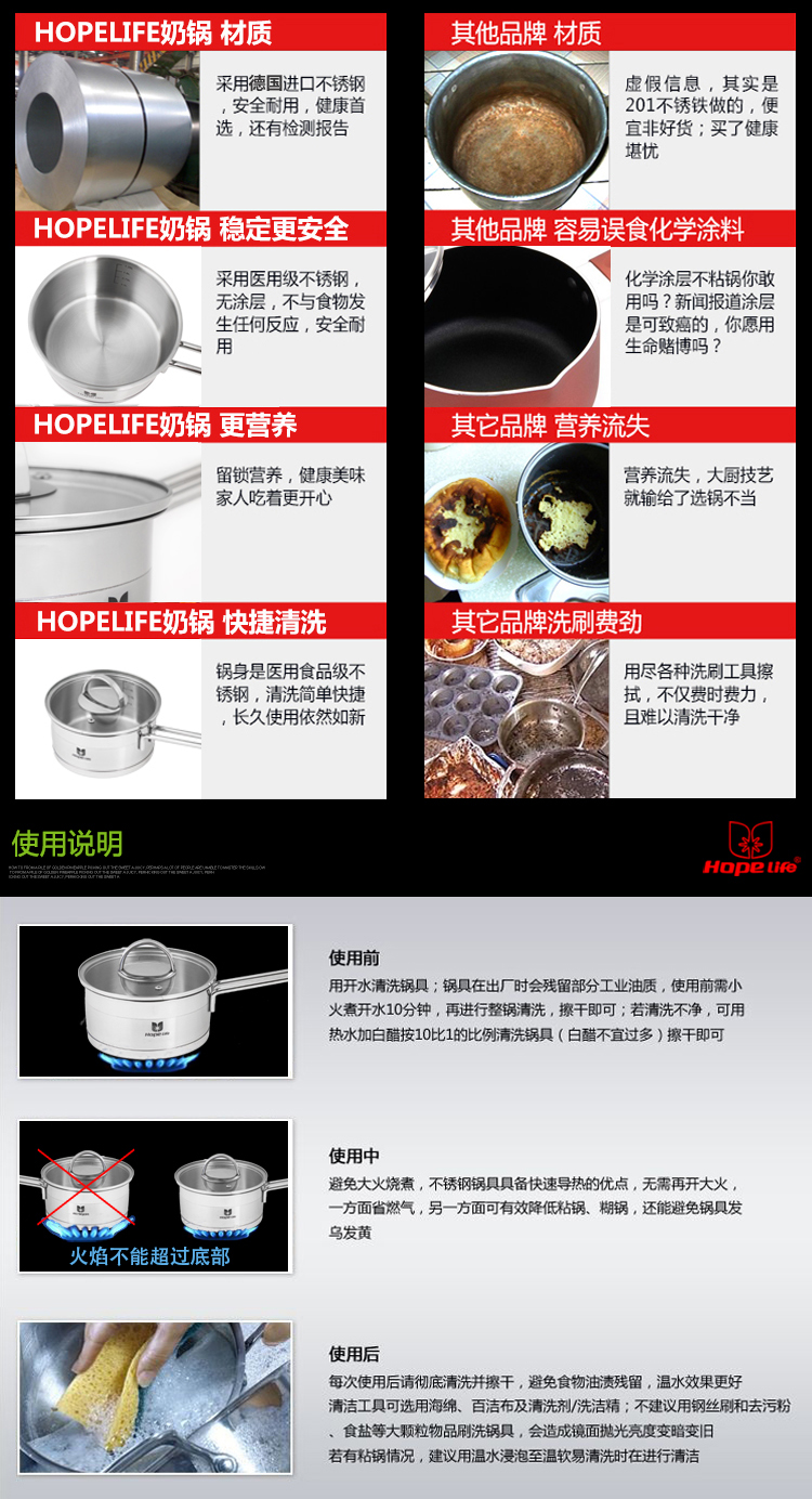 盈信Hopelife 德国工艺16CM不锈钢可立奶锅nw001 厂家直营