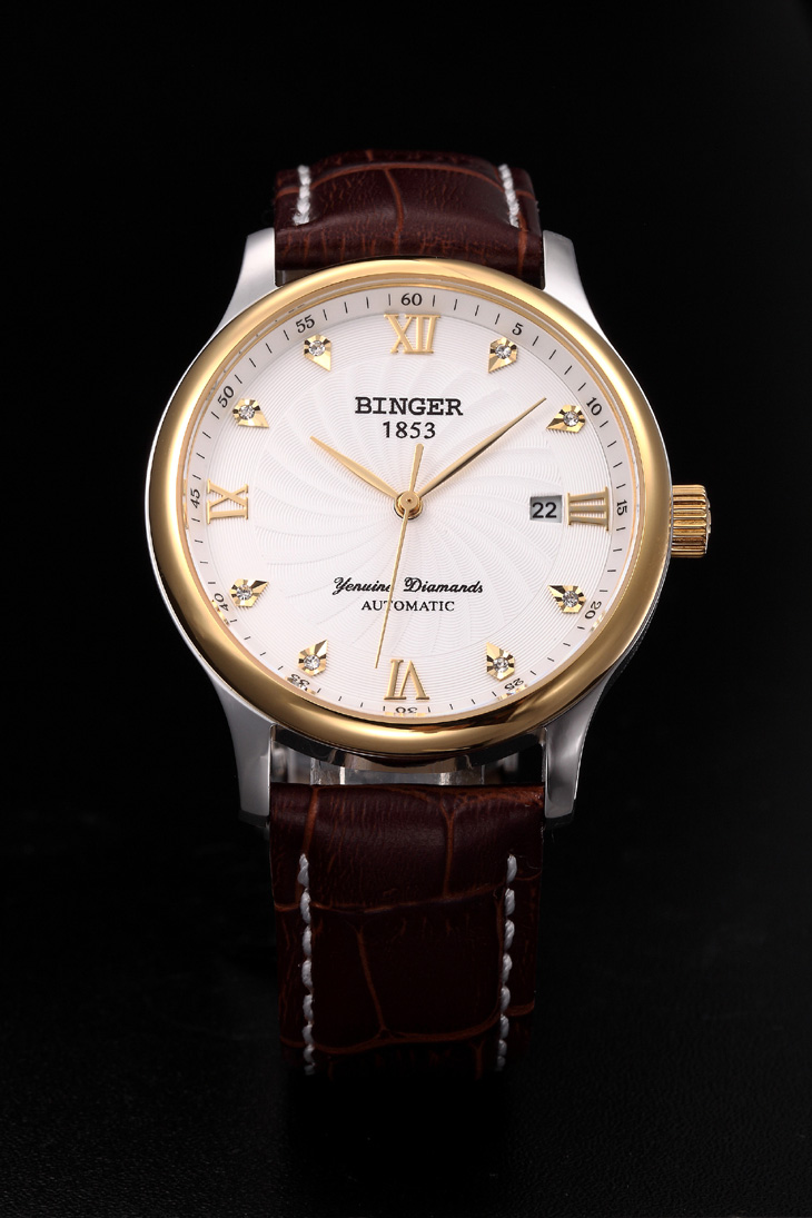 瑞士宾格binger全自动机械表土豪金幸运轮防水男士手表(单历钢带白面)
