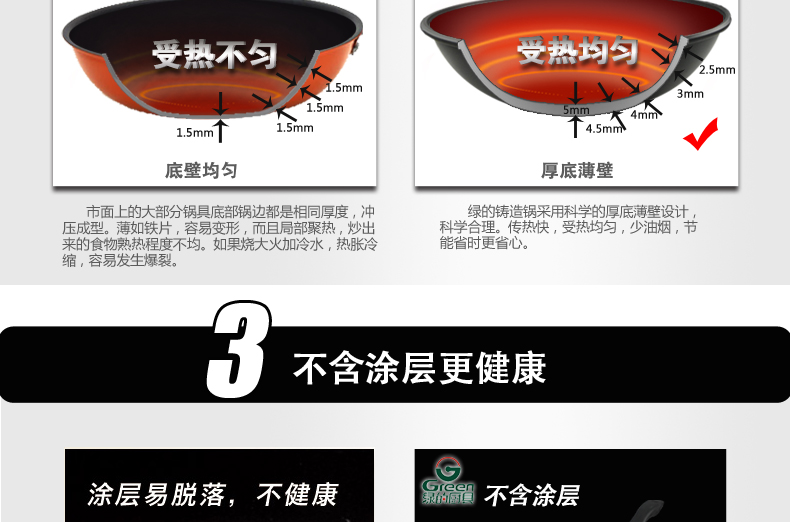 
                                        绿的 知心炒锅不粘锅 无油烟无涂层炒菜锅 纯手工铸造锅 42cm 42cm                