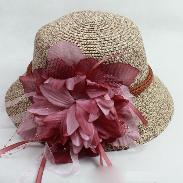 晴舫 四季款大花朵装饰草帽 草编遮阳帽子女士大沿帽 户外