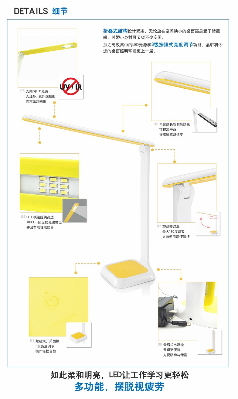 
                                        飞利浦LED台灯 卧室床头学生儿童学习工作简约书房台灯 晶轩触控三段 晶轩-粉色                