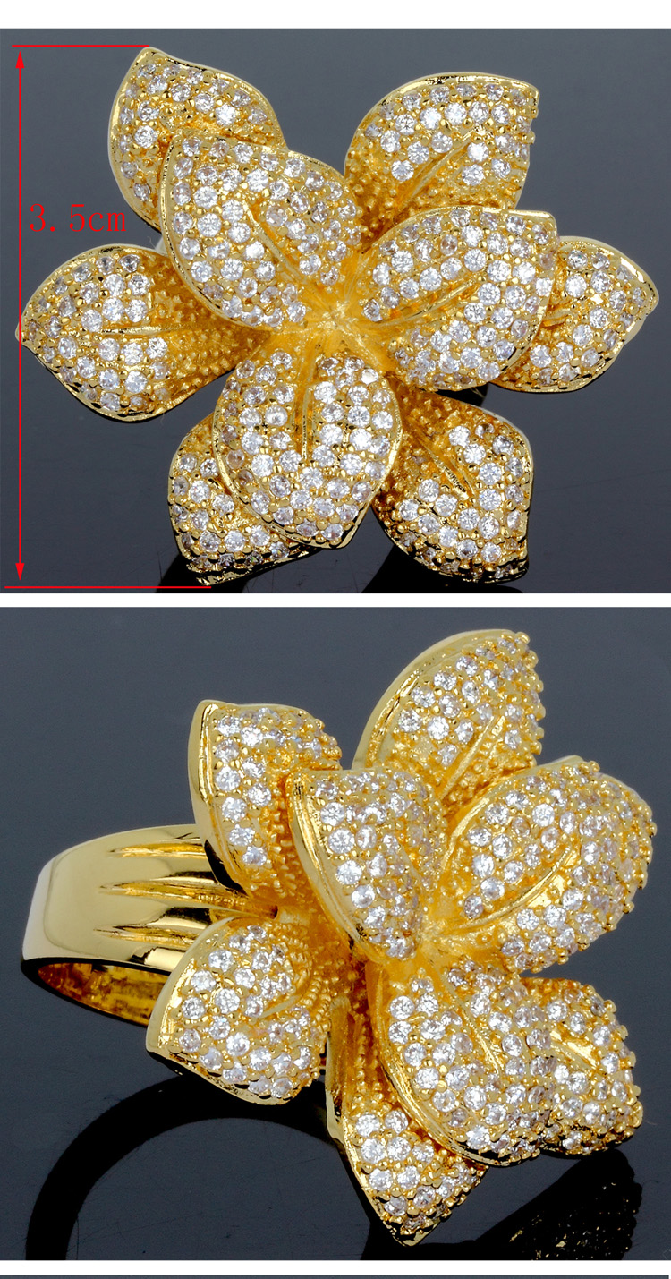 梦年华 豪华立体花朵戒指 锆石镀金戒指 时尚优雅ol流行饰品 金色 7