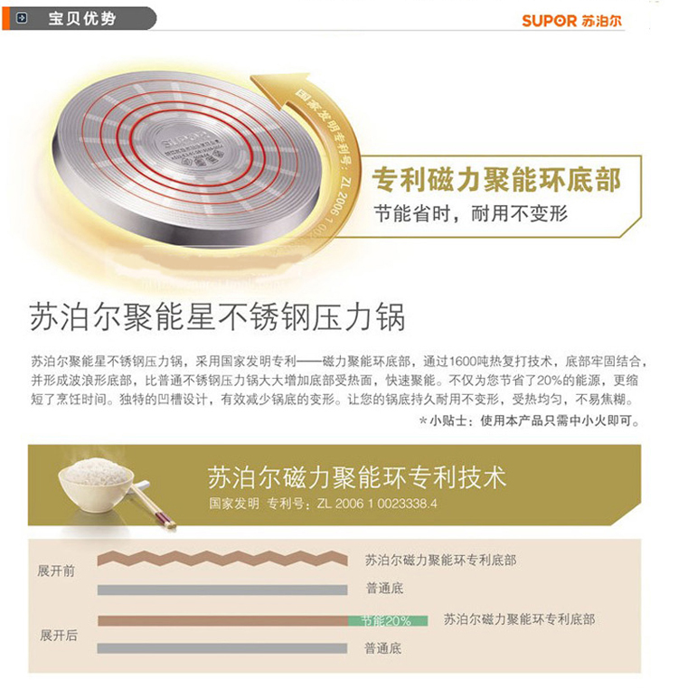 苏泊尔高压锅 聚能星不锈钢节能压力锅 电磁炉通用 YW22N1 22厘米