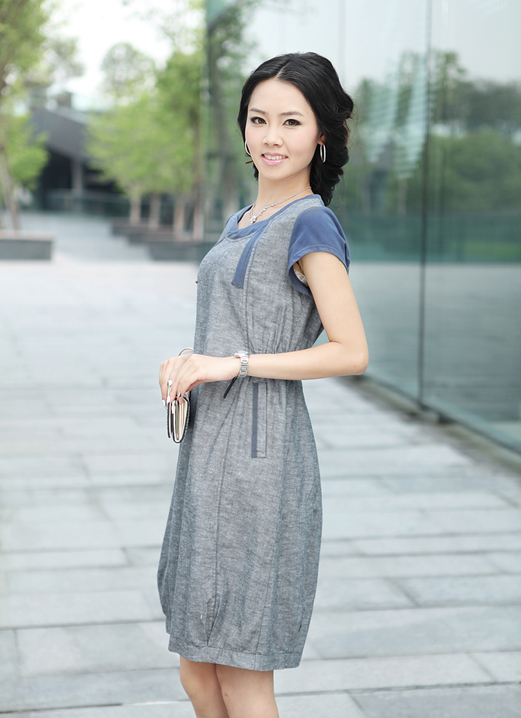 水墨佳人女装棉麻连衣裙 夏季新款圆领短袖抽绳修身显瘦修身休闲