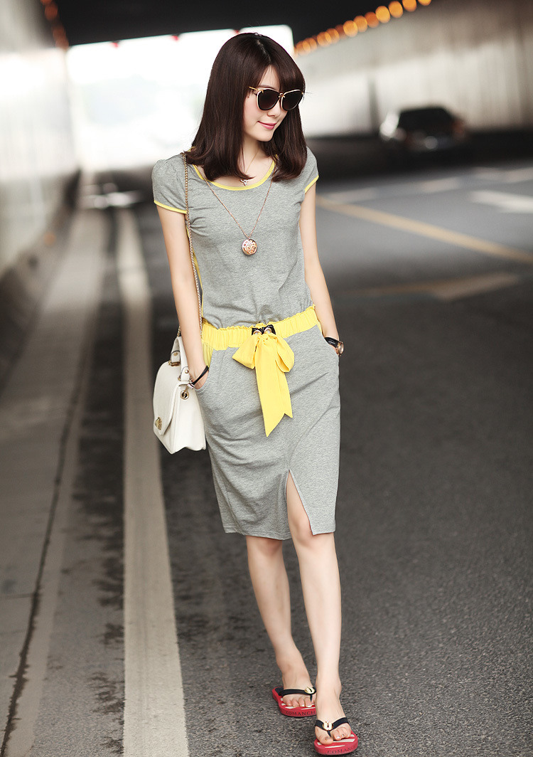 包邮2014夏装女装韩版新款圆领短袖修身雪纺拼接休闲套裙 连衣裙 蓝色