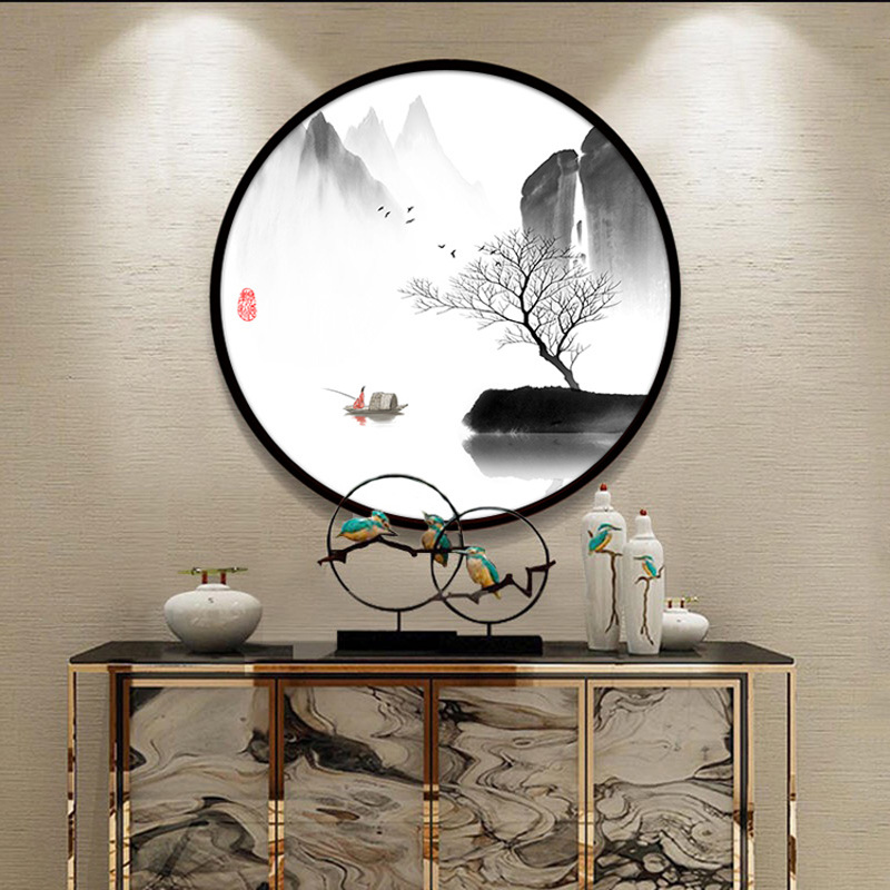 玄关山水画玄关装饰画新中式挂画山水圆形水墨画禅意客厅餐厅壁画茶室