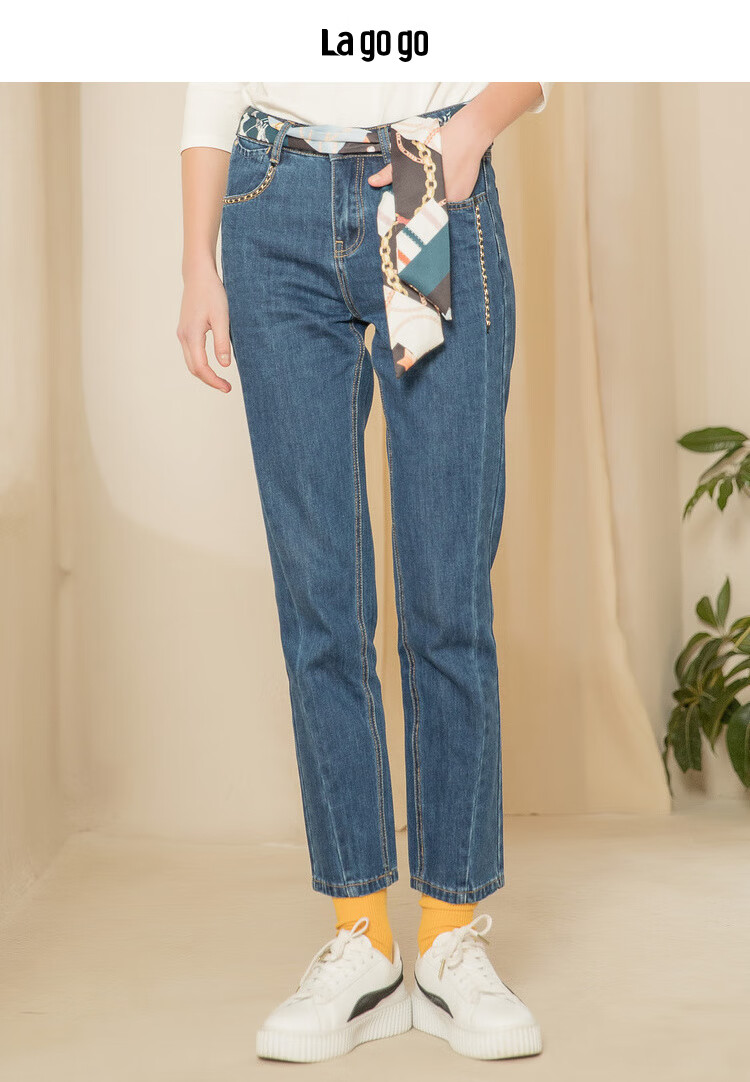 lagogo拉谷谷2020年春季新款高腰印花腰带牛仔裤女中长裤显瘦潮流百搭
