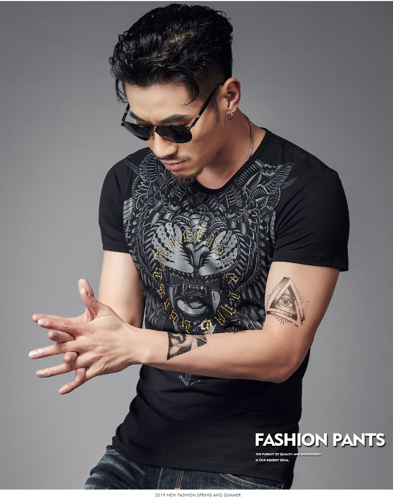 男士短袖t恤霸气老虎头印花潮流纯棉夏季圆领休闲半袖男体恤衣服 645