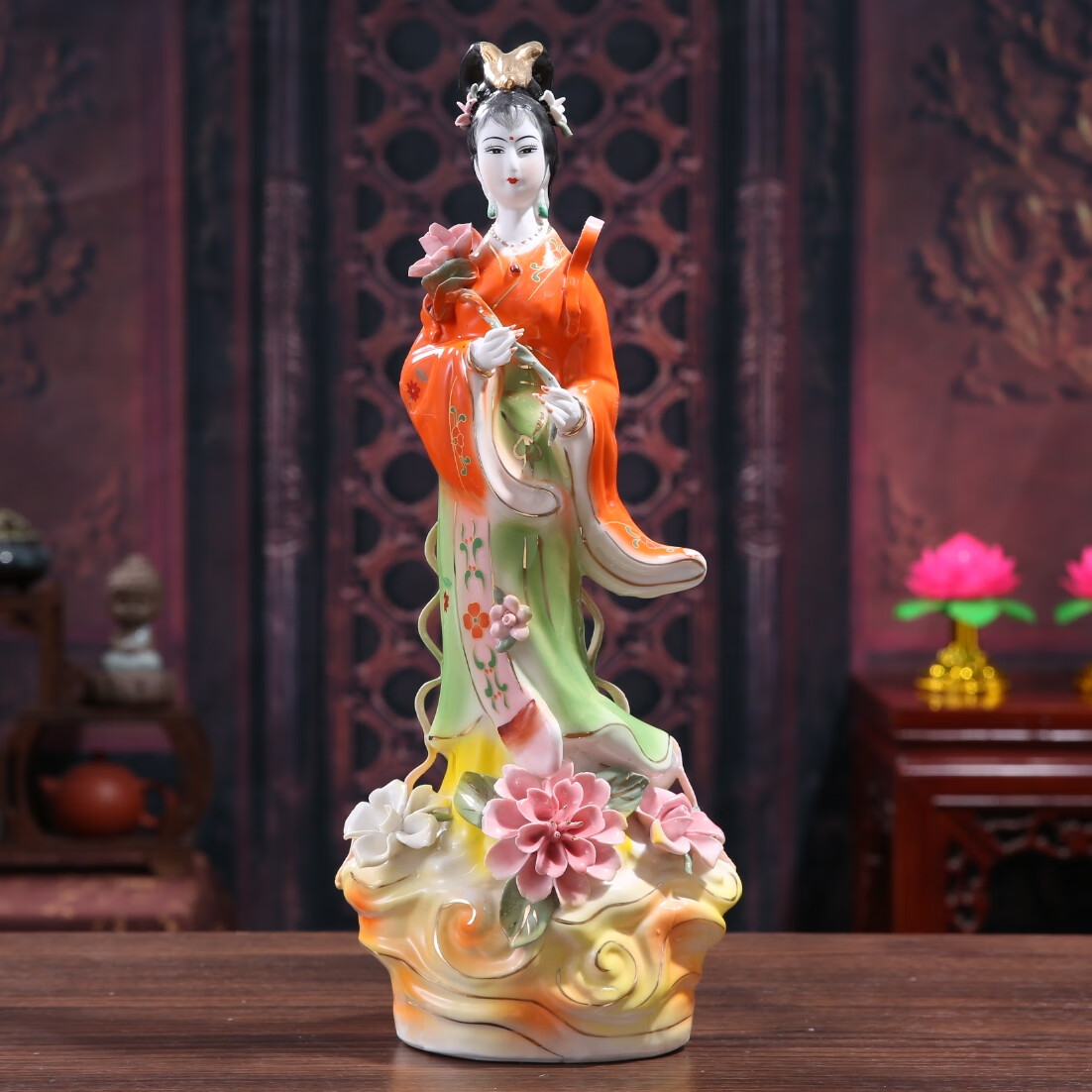 舞万花陶瓷何仙姑神像供奉仙女佛像家居客厅摆设八仙过海摆件 16寸