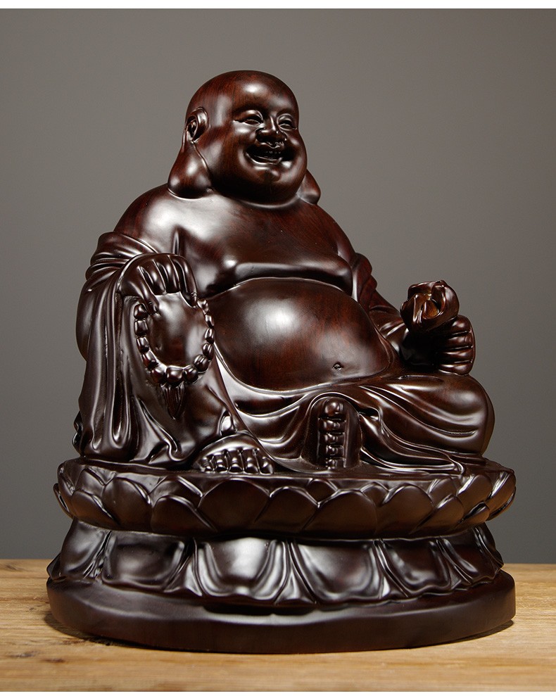 浣彩黑檀木雕弥勒佛像摆件元宝坐莲笑佛实木雕刻家居红木工艺品送礼品