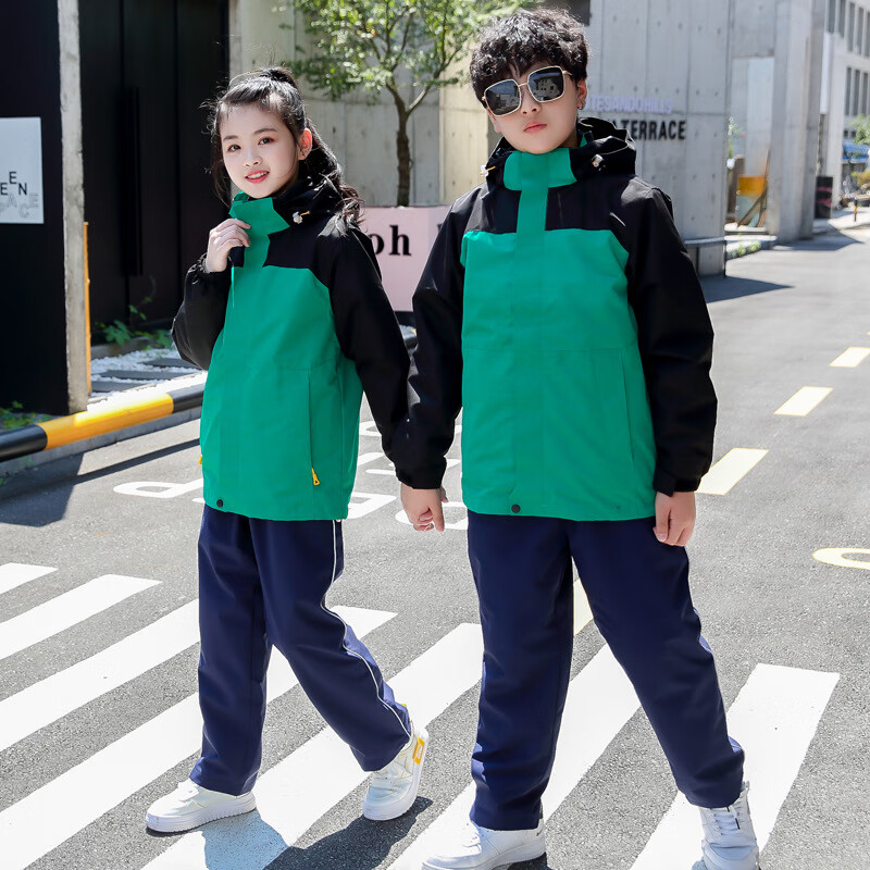 户外冲锋衣儿童款两件套三合一保暖运动服登山滑雪服校服logo 青色