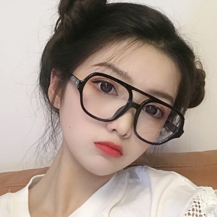 双梁圆形眼镜框欧美复古平光镜网红同款街拍造型框架眼镜 亮黑白片