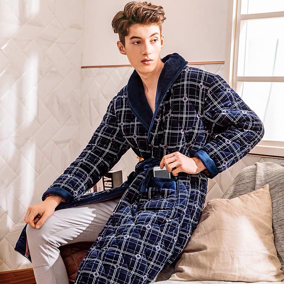 冬季男士夹棉睡衣珊瑚绒浴袍睡袍青年中老年加绒加厚中长款三层加棉