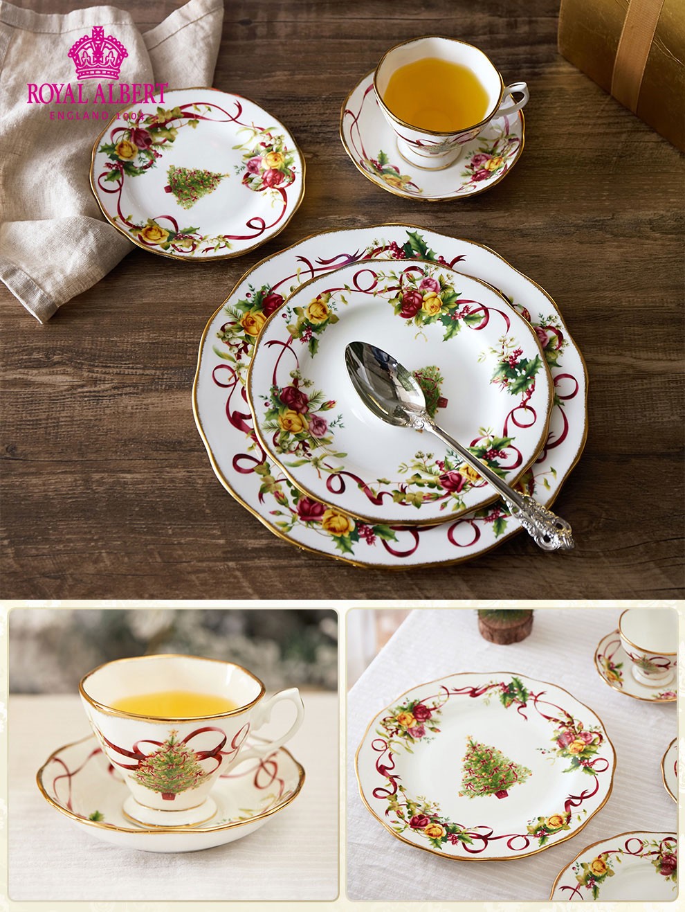 royalalbert进口骨瓷餐具茶具杯碟老镇玫瑰圣诞系列杯碟盘五件套