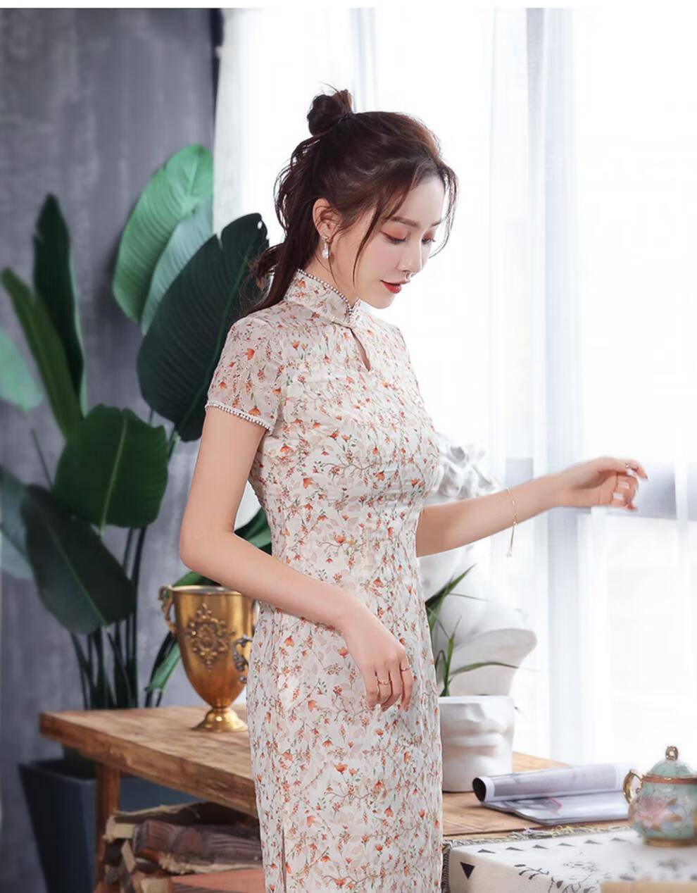 秀观唐红薇2020夏装新款改良清新小碎花少女中国风雪纺印花旗袍裙花色