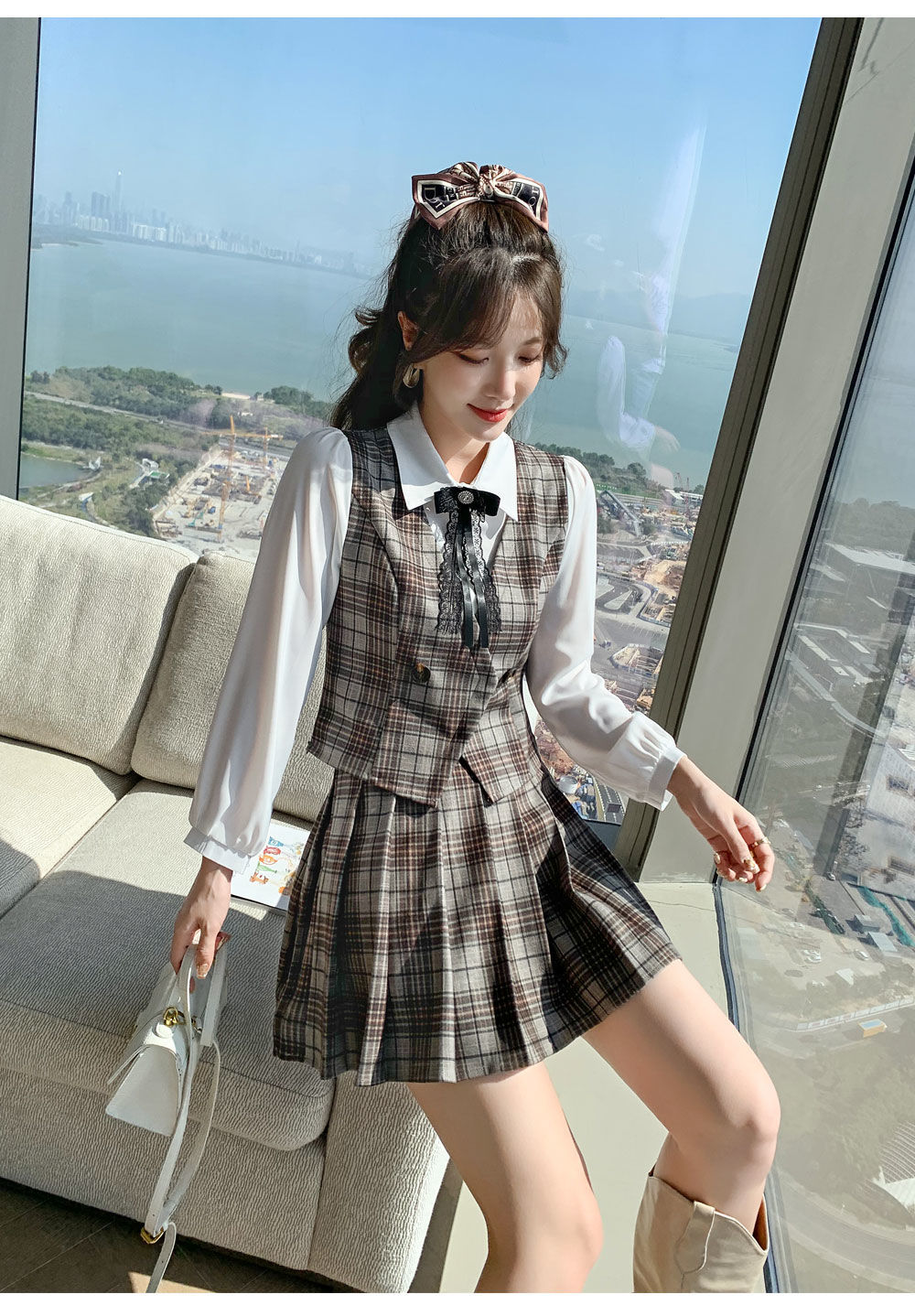 英伦学院风格子百褶短裙两件套装女春秋时尚减龄衬衣制服无袖马甲套装