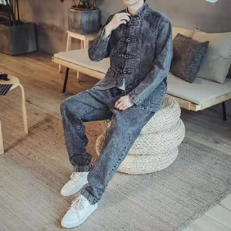 jeep/吉普轻奢高端品牌男装中国风男装刺绣牛仔套装唐装男国潮盘扣