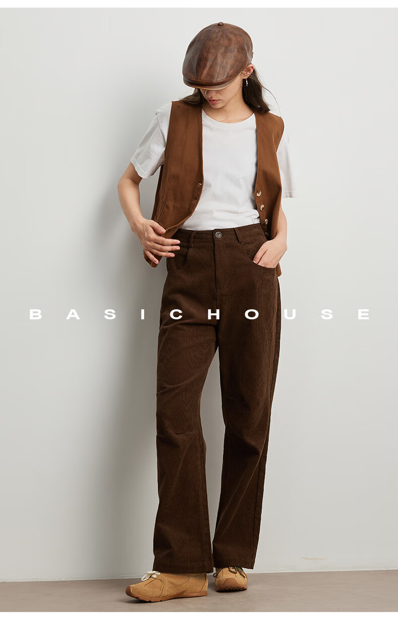 BASIC HOUSE/百家好美拉德显瘦秋季2024灯芯绒裤子直筒休闲裤女2024秋季显瘦灯芯绒裤子 咖色 L详情图片26