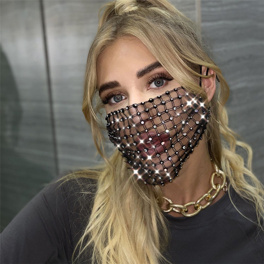 欧美新款带镶钻石口罩女卜神重金属流梳时尚网红闪亮面罩演出 梅花钻