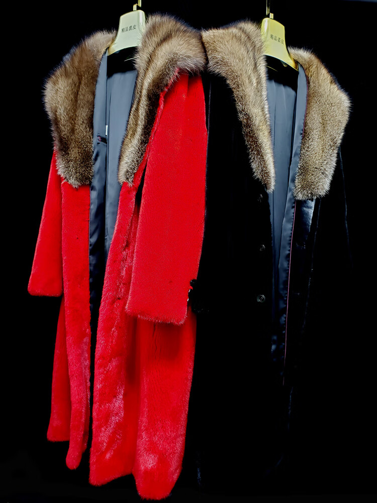 七匹狼宝嘉美貂皮整貂皮大衣男进口宝嘉美天鹅绒渔貂毛披肩帽中国红