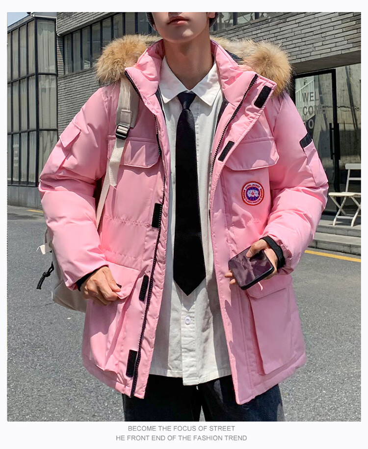 大鹅绒羽绒服男女中长款工装派克服情侣外套 红色 185/100a【图片