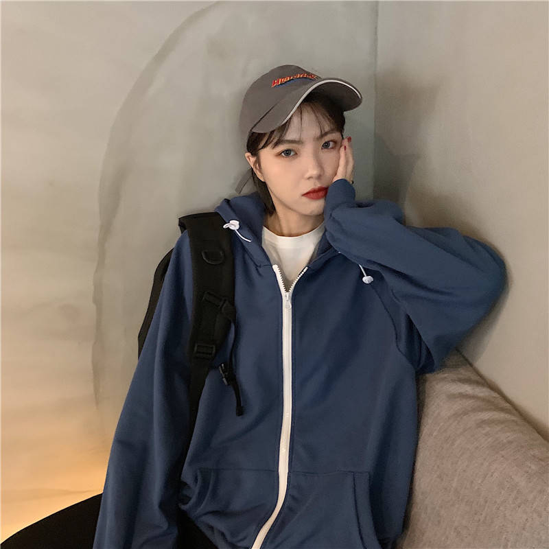 韩风ulzzang酷系少女2020早春男友简约连帽拉链慵懒卫衣学生外套 复古