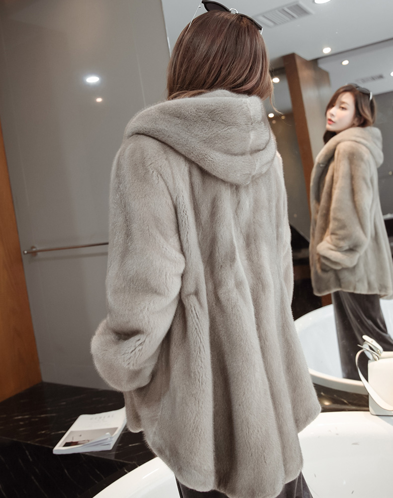 水貂皮大衣整貂皮草外套女貂毛海宁2022中长款大尾浪连帽裘皮 灰色