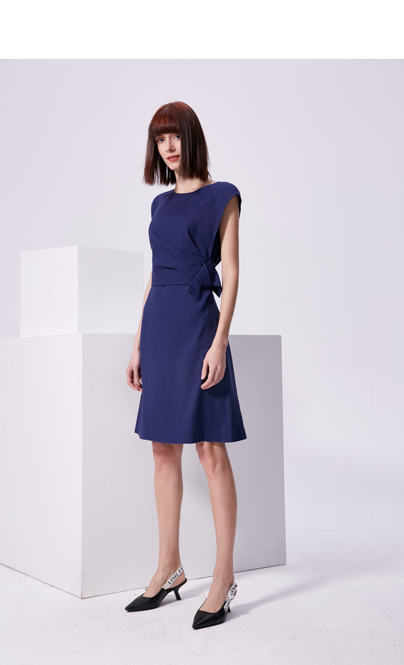 【商场同款】朗姿莱茵福莱尔夏季新款包肩袖中长款连衣裙 藏蓝色 170