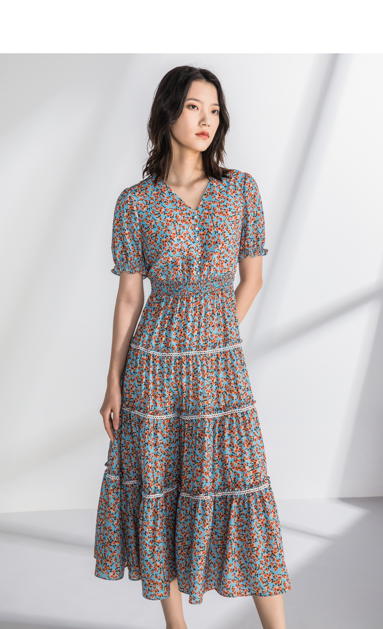 yifini易菲碎花收腰泡泡袖连衣裙女2022夏季新款v领浪漫连衣裙a04y