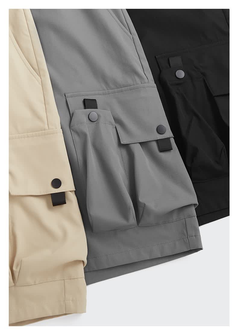 nted春夏新品国潮复古斜纹立体风琴口袋百搭男士宽松休闲工装短裤黑色