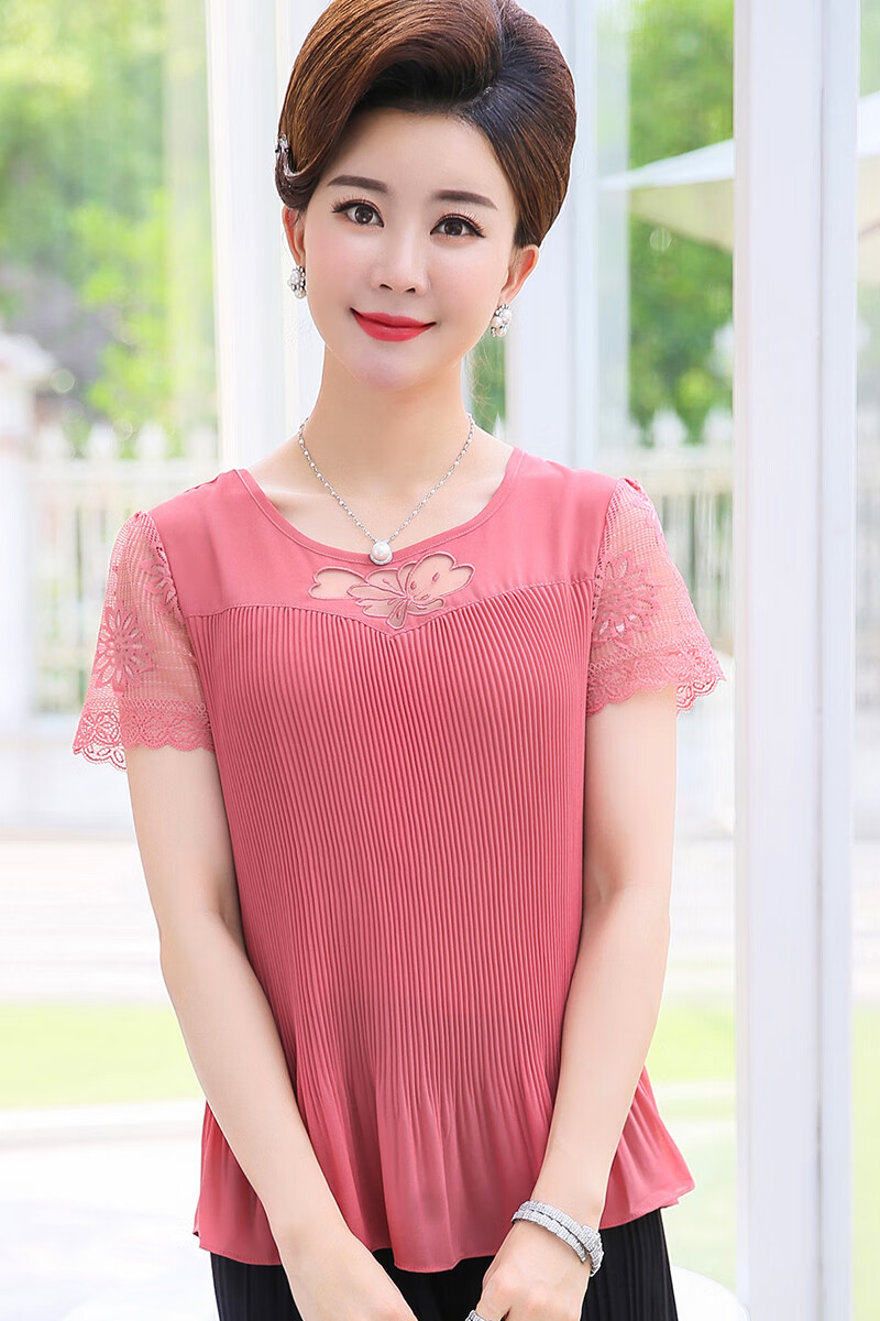 2020新款妈妈夏装短袖t恤40-50岁中年妇女夏天衣服雪纺衫大码上衣 桔