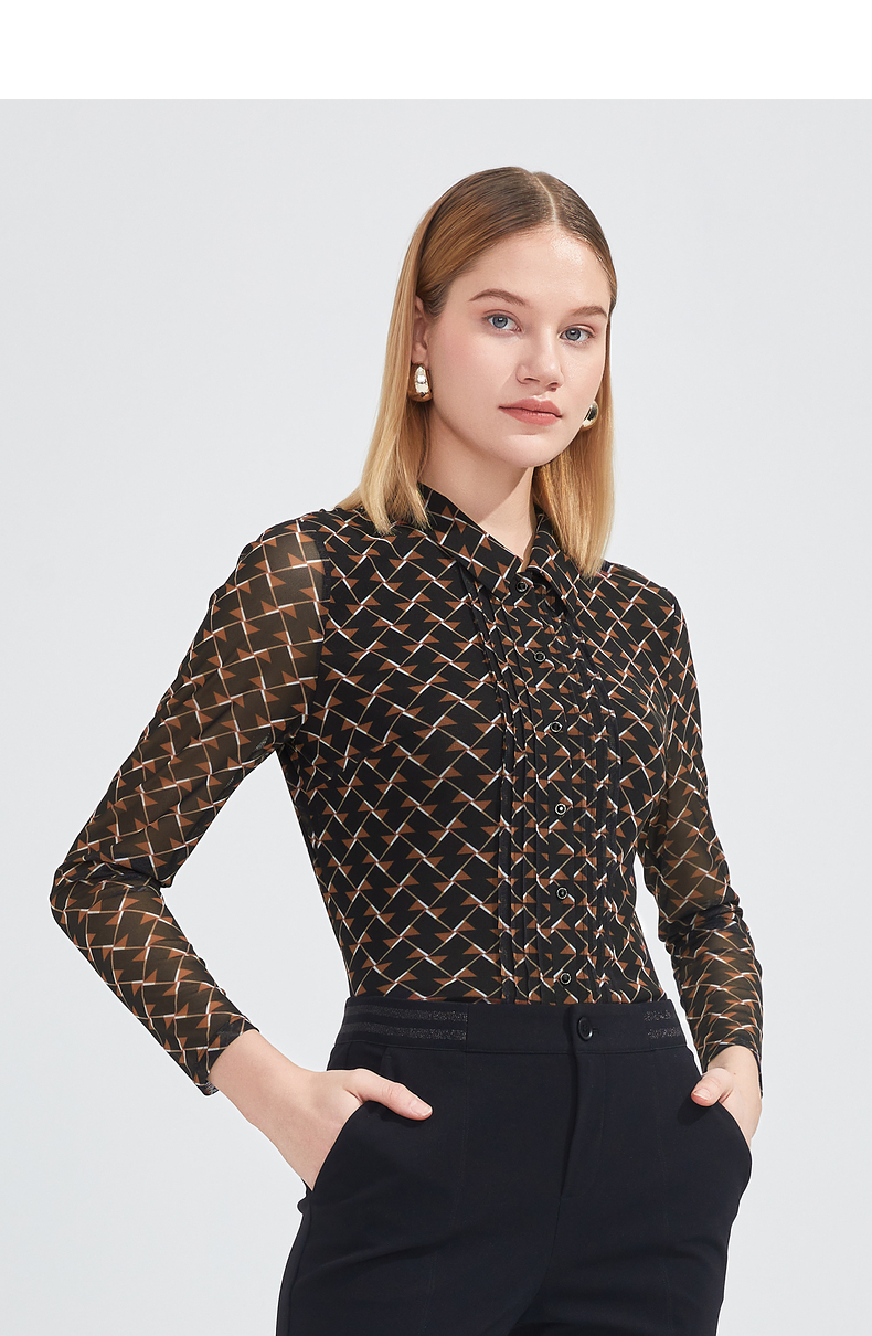 jz玖姿气质翻领透气网纱小衫女2022春季新款压褶复古几何衬衫花黑xs