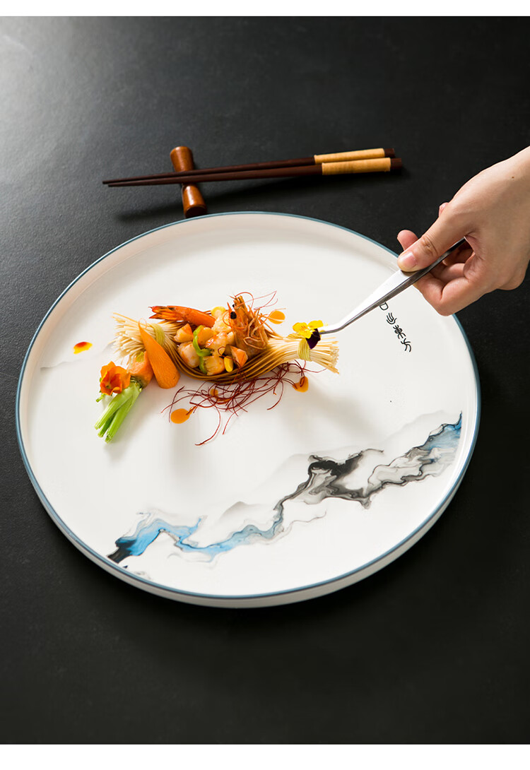 摆盘餐具 分餐盘成人中式圆形12英寸意境摆盘国风山水装饰盘陶瓷平盘